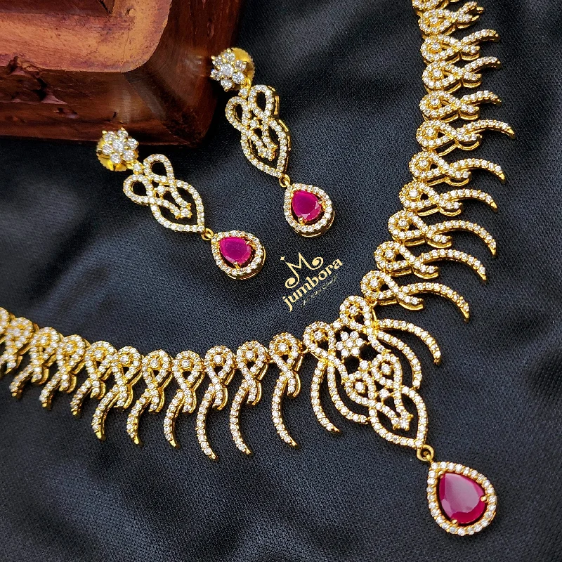 women's vintage necklaces-Statement White & Ruby Red AD Zircon CZ Necklace Set