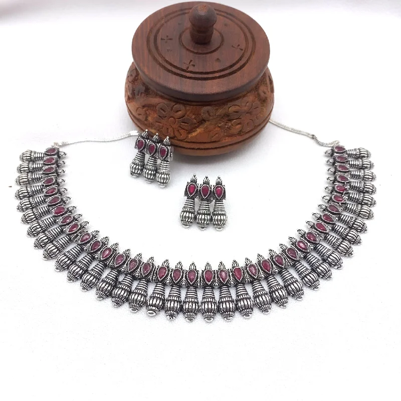 women's two-tone necklaces-Trendy Oxidized Silver Choker style Jaipur Indian Necklace set wth red stones