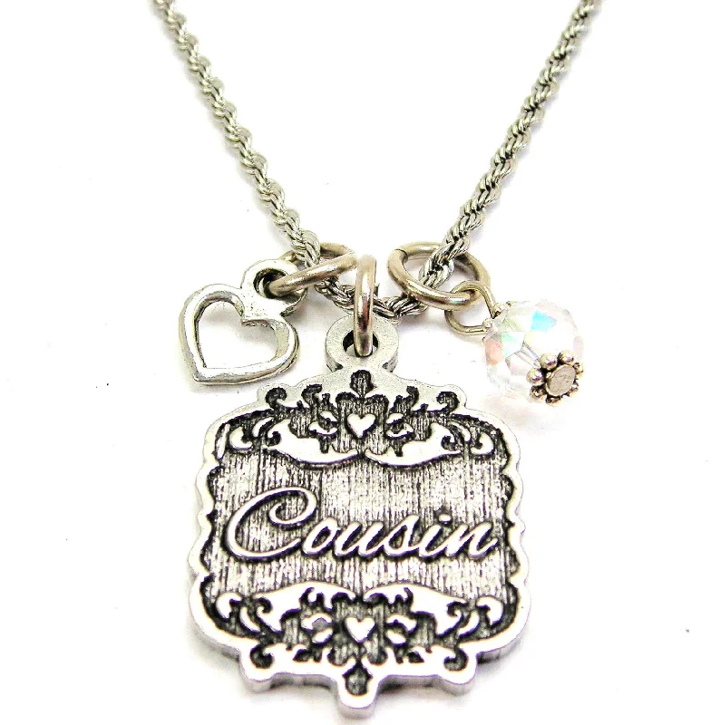 women's inspirational necklaces-Cousin Victorian Scroll With With Open Heart And Crystal 20" Stainless Steel Rope Necklace