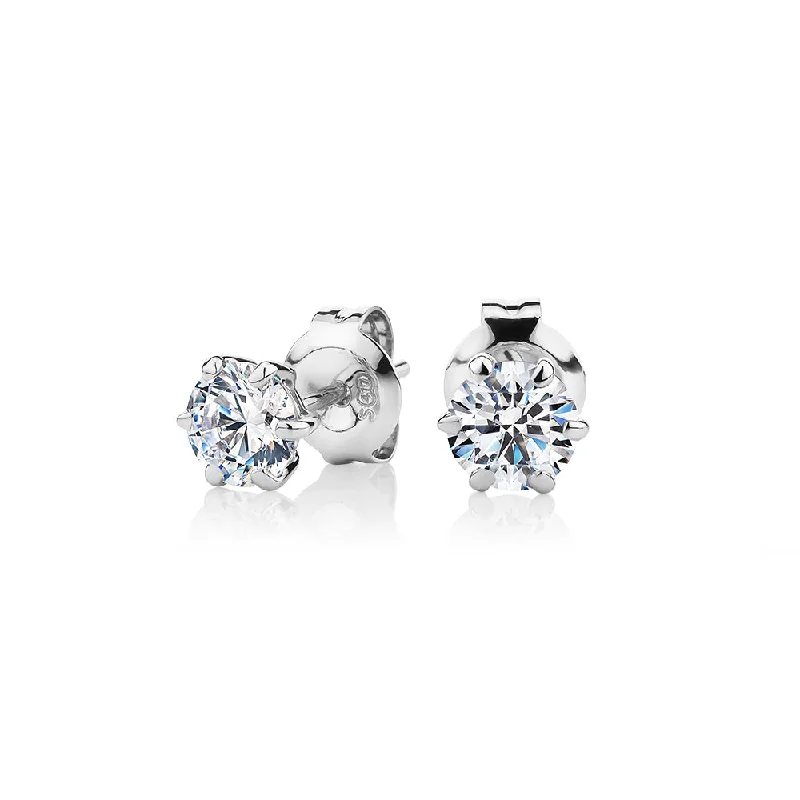 women's fashion earrings-Round Brilliant stud earrings with 1 carat* of diamond simulants in 10 carat white gold