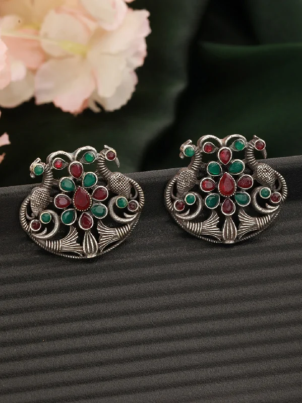 women's romantic drop earrings-Silver Plated Green & Red Stone Studded Peacock Shaped Stud Earrings