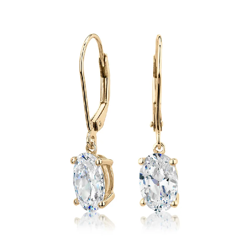 women's small hoop earrings-Oval drop earrings with 2.82 carats* of diamond simulants in 10 carat yellow gold