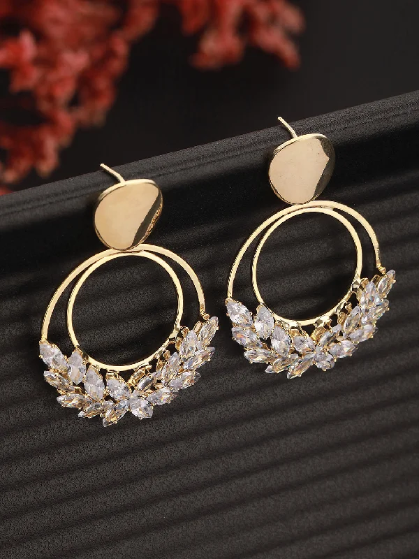 women's pearl drop earrings-Gold-Plated & Crystal Studded Geometric Drop Earrings