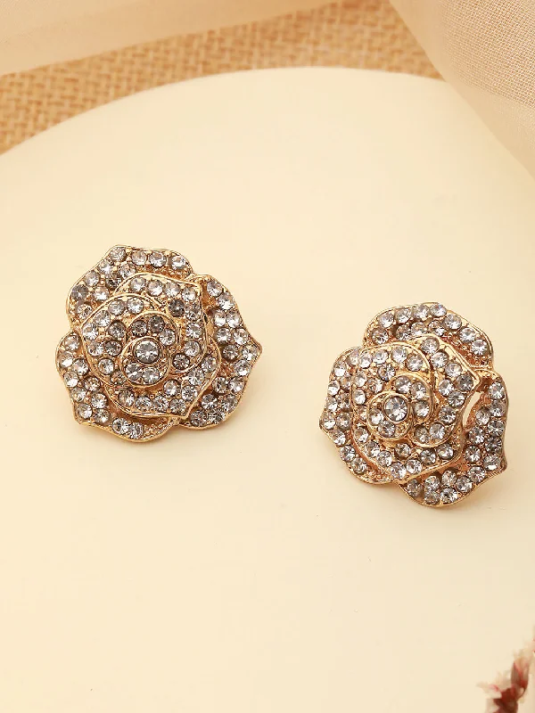 women's romantic earrings-Gold Plated & Cz Studded Floral Shaped Stud Earrings