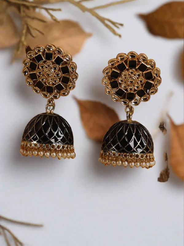 women's minimalistic earrings-Gold Plated & Black Hand Painted Floral Shaped Jhumka Earrings