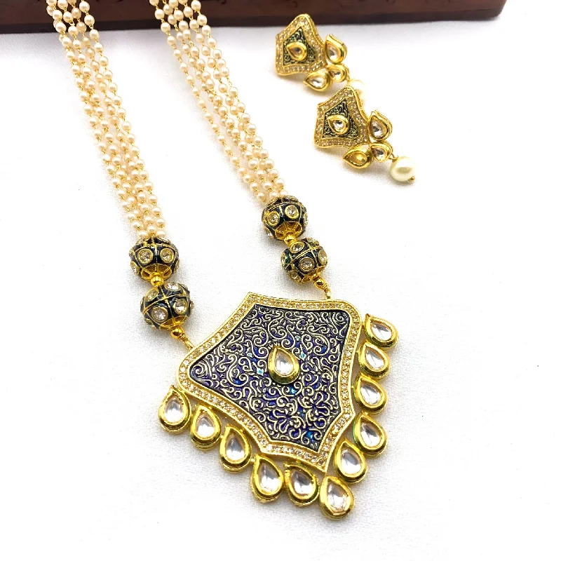 women's minimalist necklaces-Handmade Kundan Meenakari Blue Enamel Work with Pearl Mala Necklace