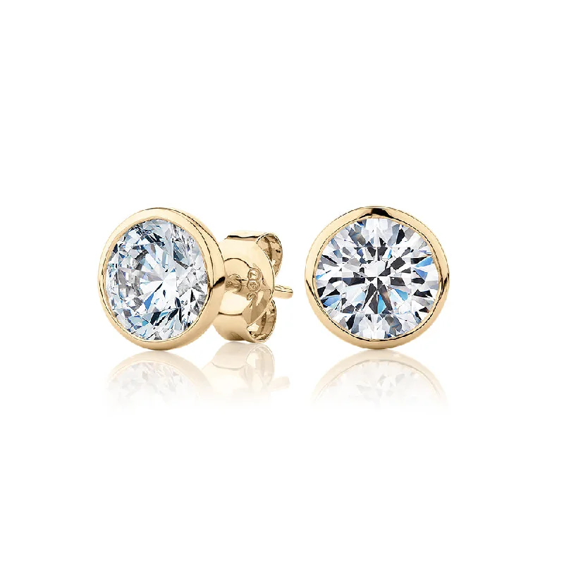 women's celestial stud earrings-Round Brilliant stud earrings with 3 carats* of diamond simulants in 10 carat yellow gold