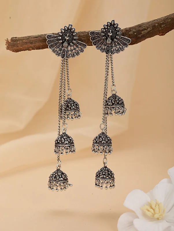 women's infinity loop earrings-Oxidised Silver-Plated Peacock Shaped Jhumka Earrings