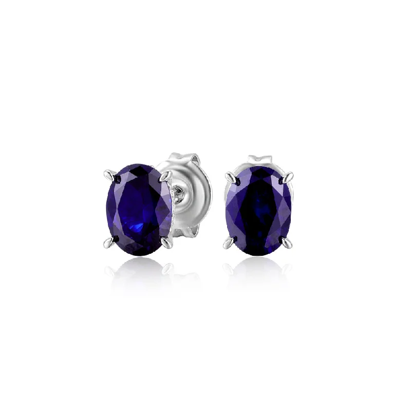 women's pearl drop earrings-Oval stud earrings with dark blue sapphire simulants in sterling silver