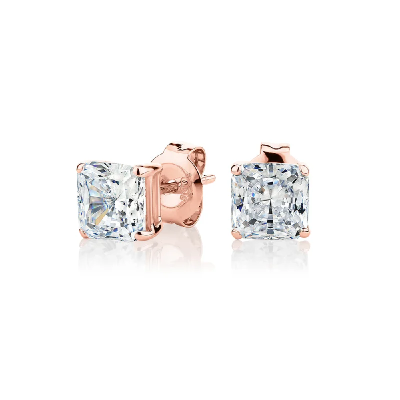 women's long chain earrings-Princess Cut stud earrings with 2 carats* of diamond simulants in 10 carat rose gold