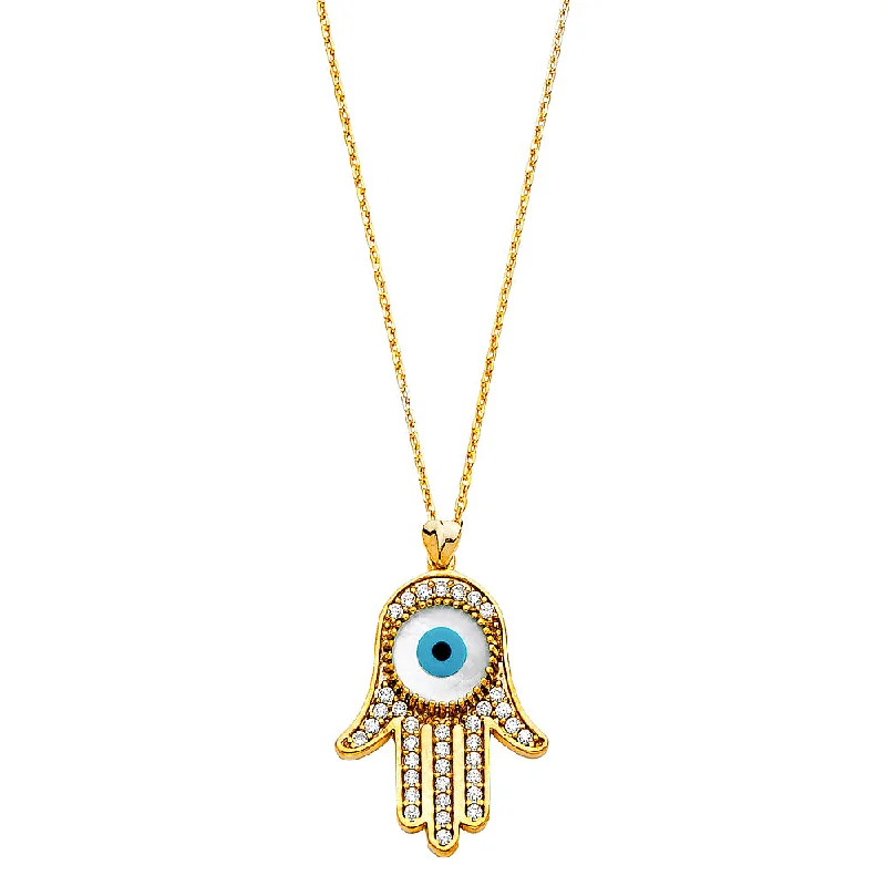 women's moonstone pendant necklaces-14K CZ EVIL EYE HAMSA NECKLACE