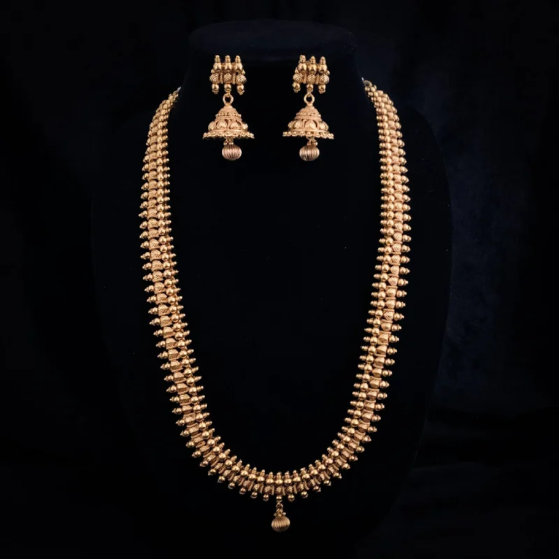 women's silver statement necklaces-Traditional Long Kerala Style Antique Gold Necklace Set with Jhumka