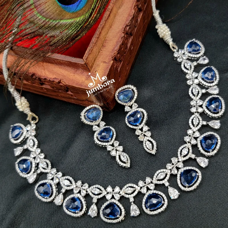 women's diamond necklaces-Contemporary Rhodium Polish Sapphire Blue AD Zircon (CZ) Necklace