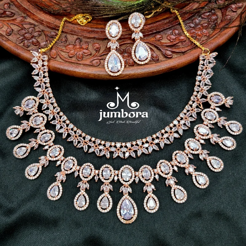 women's elegant diamond necklaces-Double Row Rose Gold White AD Zircon Necklace Set