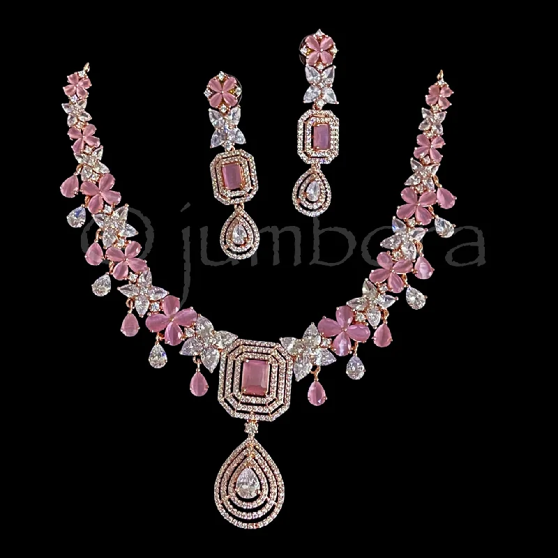 women's inspirational necklaces-Rose Gold Pastel Pink AD (Zircon) Necklace Set