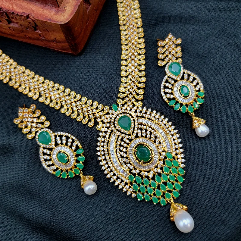 women's luxury chain necklaces-Emerald Green & White AD Zircon Statement Necklace set