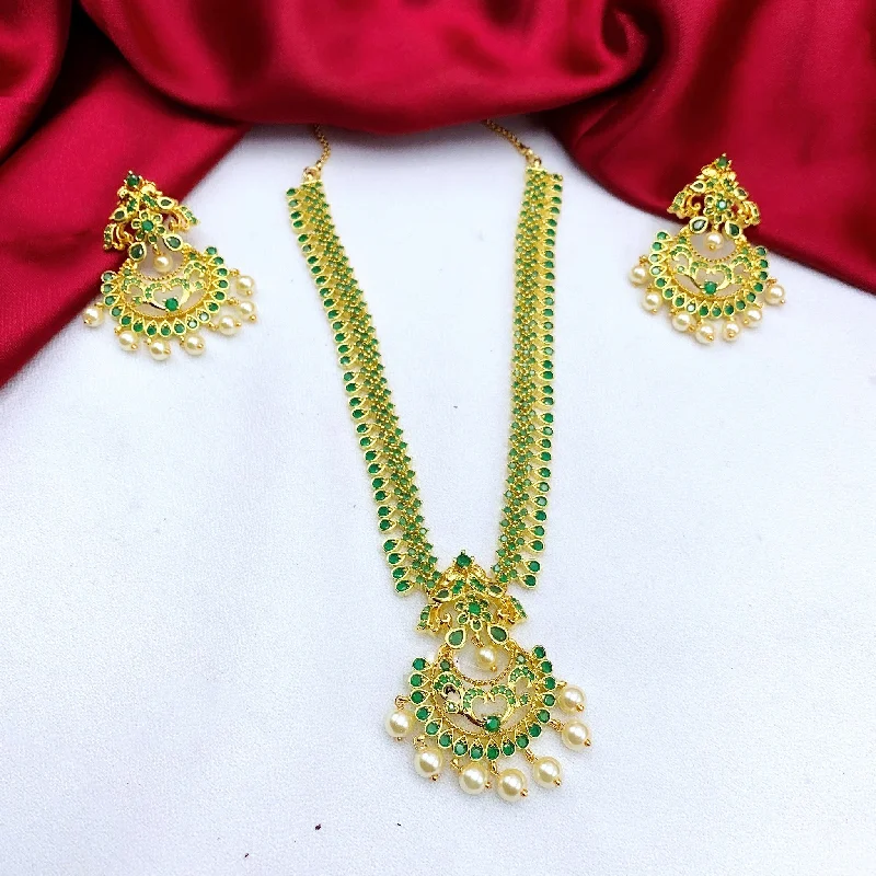 women's moonstone necklaces-Emerald Green Zircon (CZ) Stone Necklace Set with Chaandbali Earring