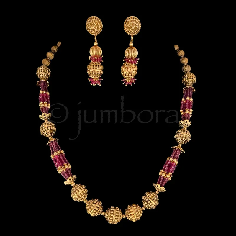 women's delicate necklaces-Handmade Antique Gold Ball Mala Necklace in Ruby Red