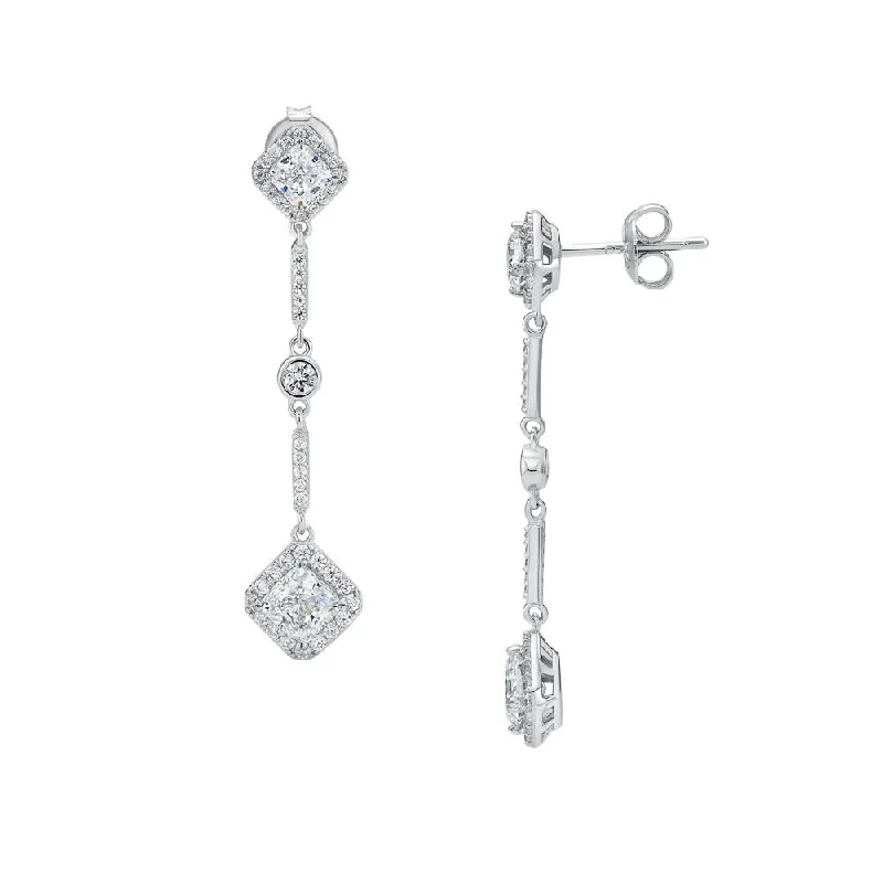 women's romantic drop earrings-Round Brilliant and Princess Cut drop earrings with 2.9 carats* of diamond simulants in sterling silver