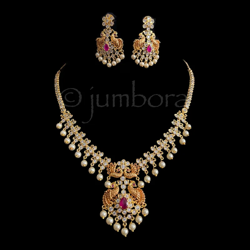 women's bold statement necklaces-Peacock & Pearl AD (CZ) Zircon Necklace Set