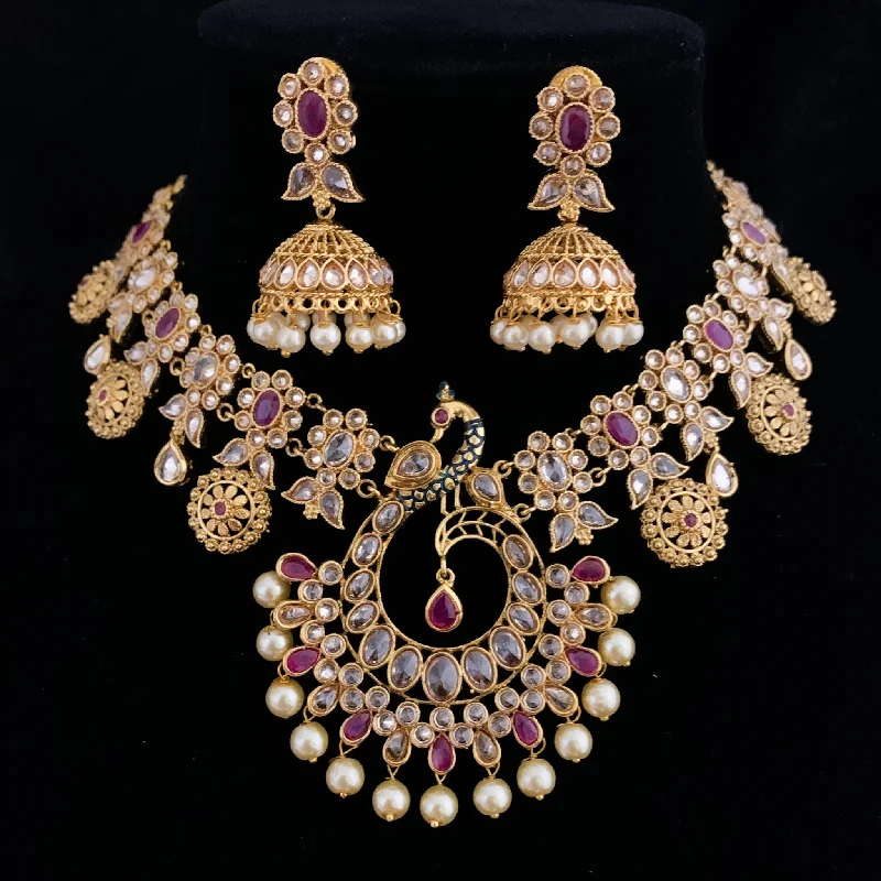 women's engraved necklaces-Magnificient Peacock Antique Gold Necklace Set with LCD stones and jhumka