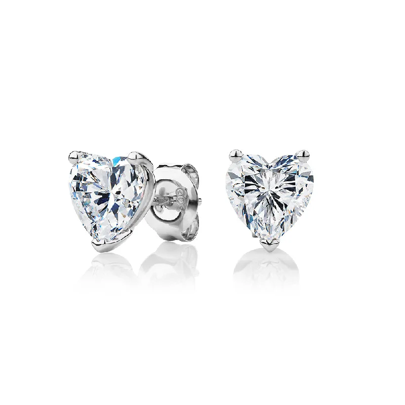 women's chandelier earrings-Heart stud earrings with 2.26 carats* of diamond simulants in 10 carat white gold