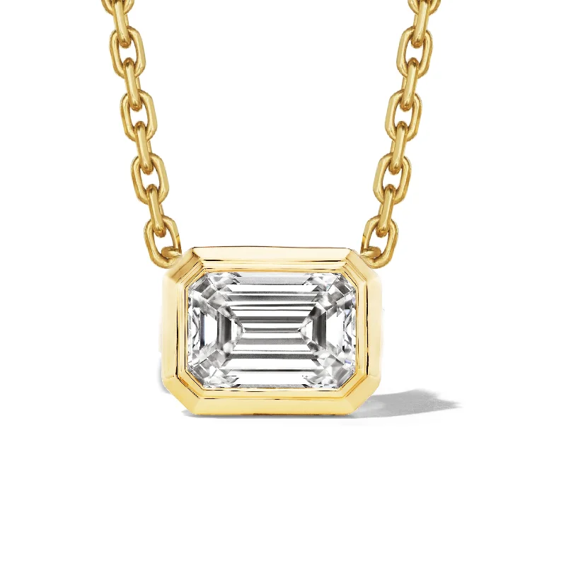 women's fashion chain necklaces-EAST WEST EMERALD CUT DIAMOND BEZEL SET SHIELD PENDANT NECKLACE IN 18K YELLOW GOLD