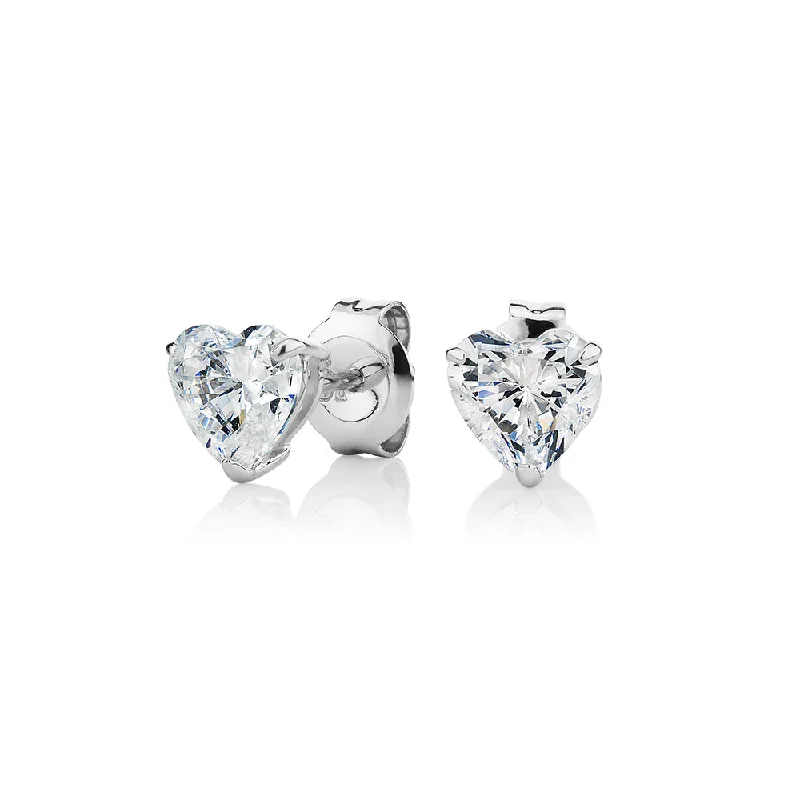 women's pearl earrings-Heart stud earrings with 2 carats* of diamond simulants in 10 carat white gold