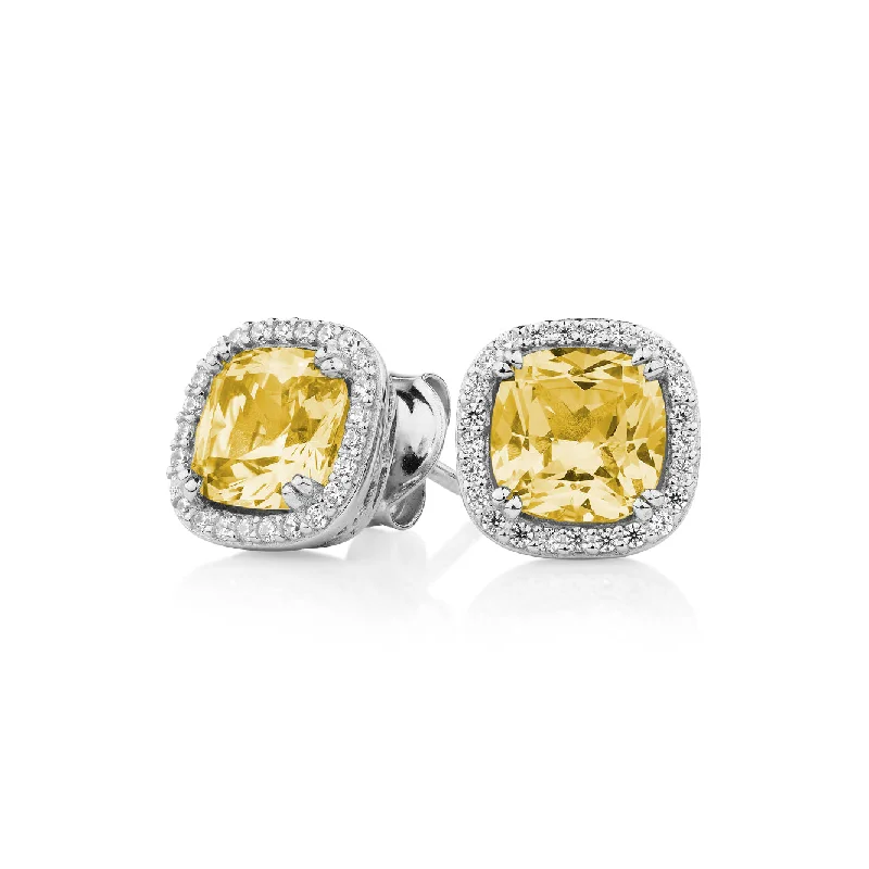 women's vintage earrings-Cushion and Round Brilliant halo stud earrings with 2.81 carats* of diamond simulants in sterling silver