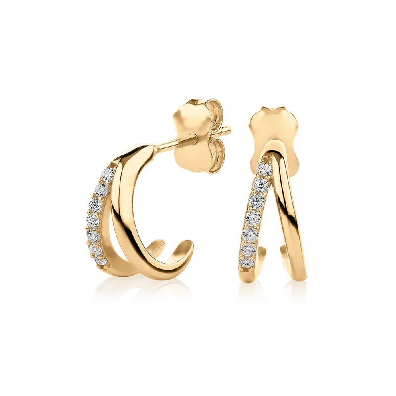 women's diamond earrings-Round Brilliant hoop earrings with diamond simulants in 10 carat yellow gold