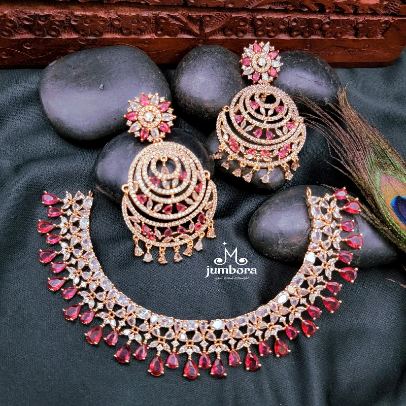 women's antique necklaces-Rose Gold Burgundy Red & White AD Zircon Necklace Set