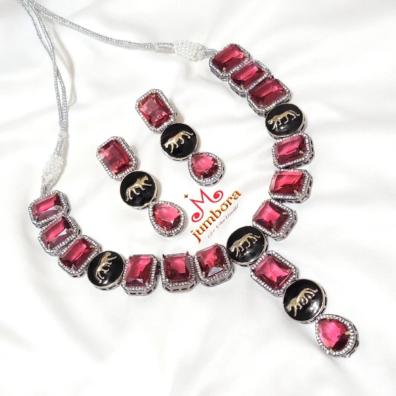 women's gold chain necklaces-Sabyasachi Inspired Statement Ruby Pink AD Victorian Necklace Set