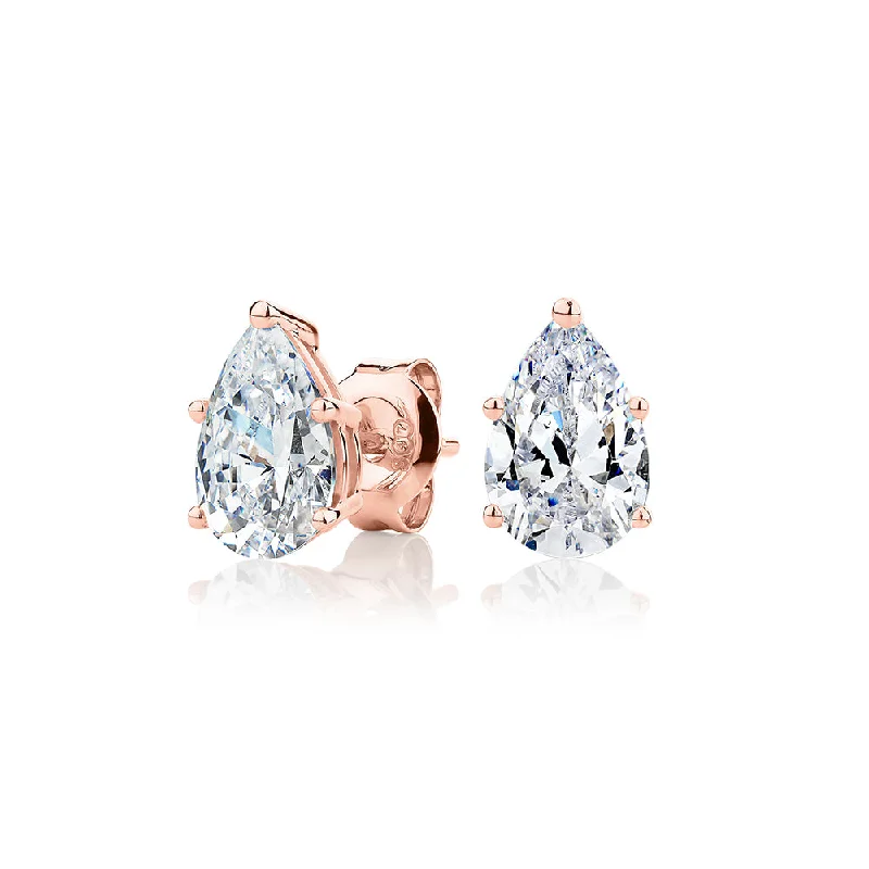 women's dangly earrings-Pear stud earrings with 2 carats* of diamond simulants in 10 carat rose gold