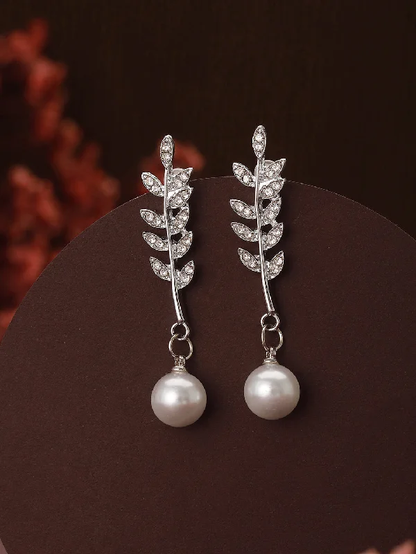 women's opal earrings-Silver-Toned & Rhodium-Plated Cz Bow-Shaped Pearl Drop Earrings (Copy)