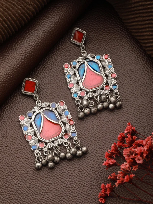 women's statement earrings-Silver-Toned Red & Blue Square Shaped Enameled Drop Earrings