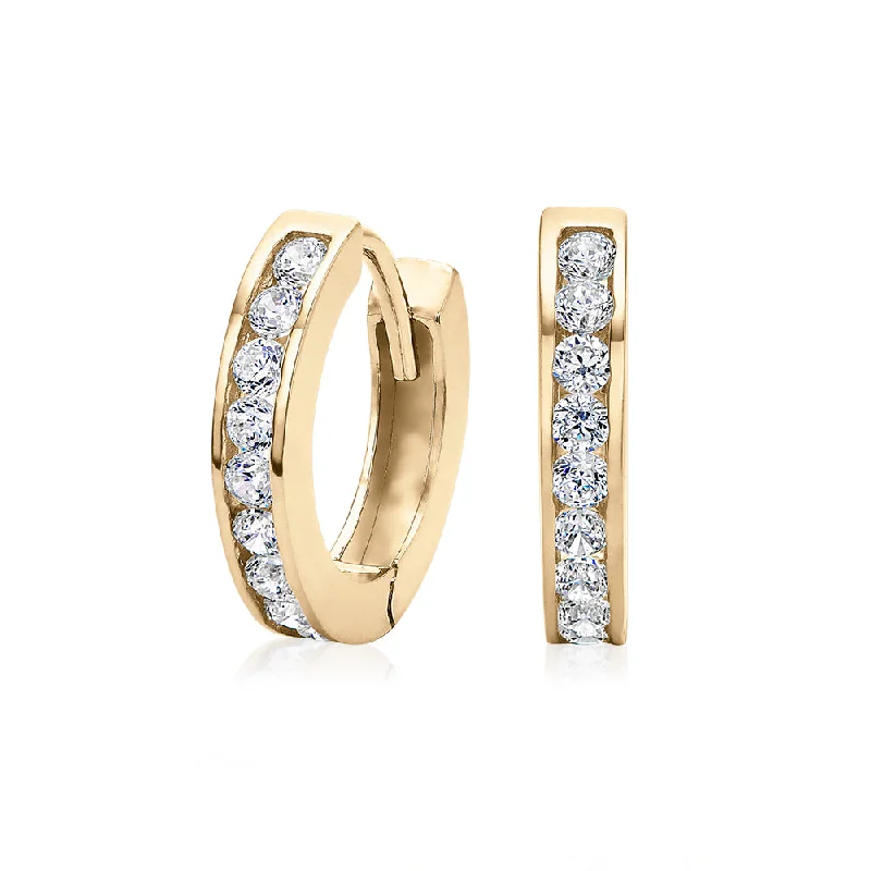 women's crystal earrings-Round Brilliant hoop earrings with diamond simulants in 10 carat yellow gold