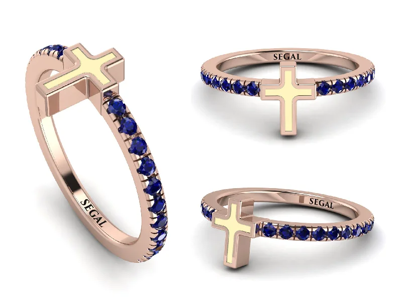 women's personalized engagement rings-Elegant Enamel Cross Sapphire Ring - Cross No. 14