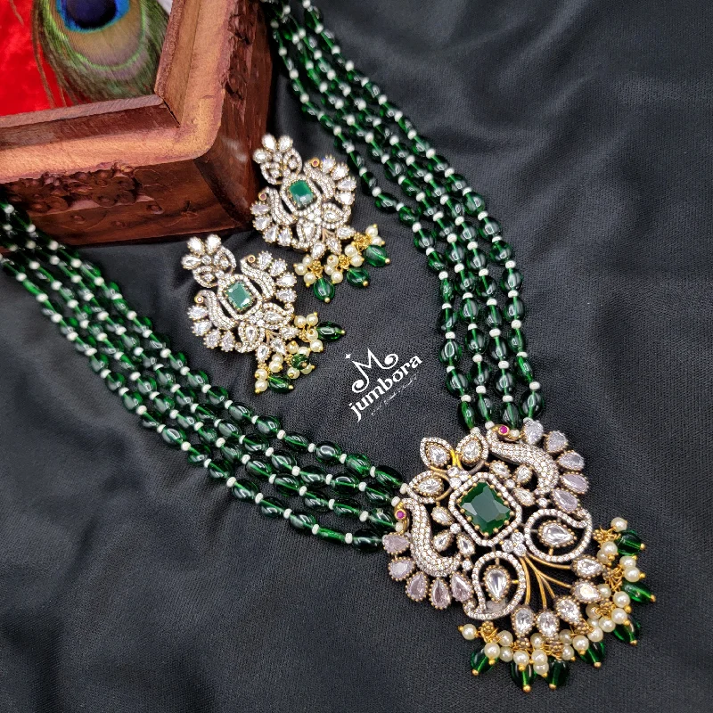 women's bridal necklaces-Long AD Zircon Victorian Pendant with Green Monalisa Beads Necklace Set