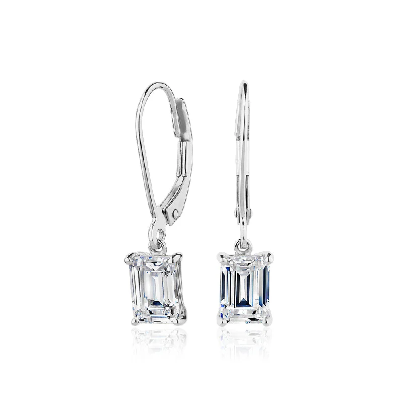 women's custom earrings-Emerald Cut drop earrings with 2 carats* of diamond simulants in 10 carat white gold