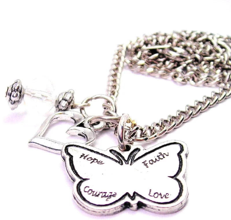 women's custom charm pendant necklaces-Hope Faith Love Courage Butterfly Necklace with Small Heart