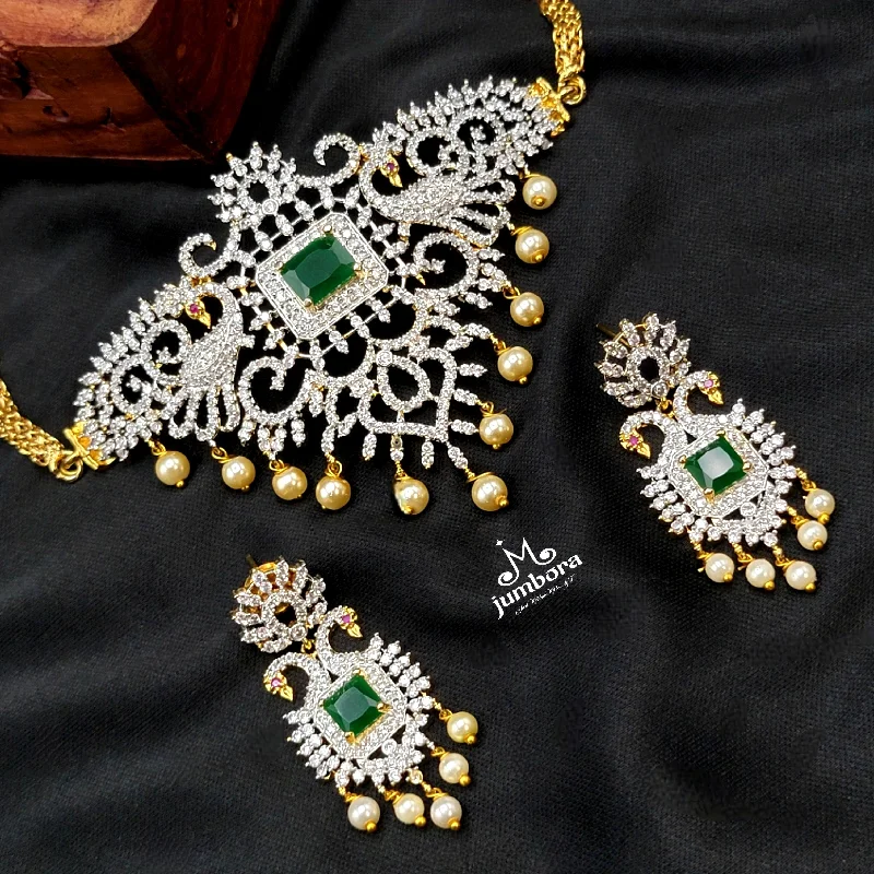 women's modern gold necklaces-Diamond Alike White & Green  AD Zircon (CZ) Choker-style Necklace set