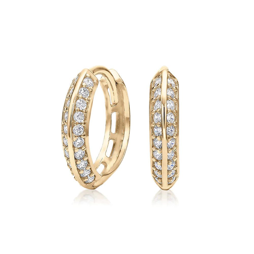 women's fashion earrings-Round Brilliant hoop earrings with diamond simulants in 10 carat yellow gold