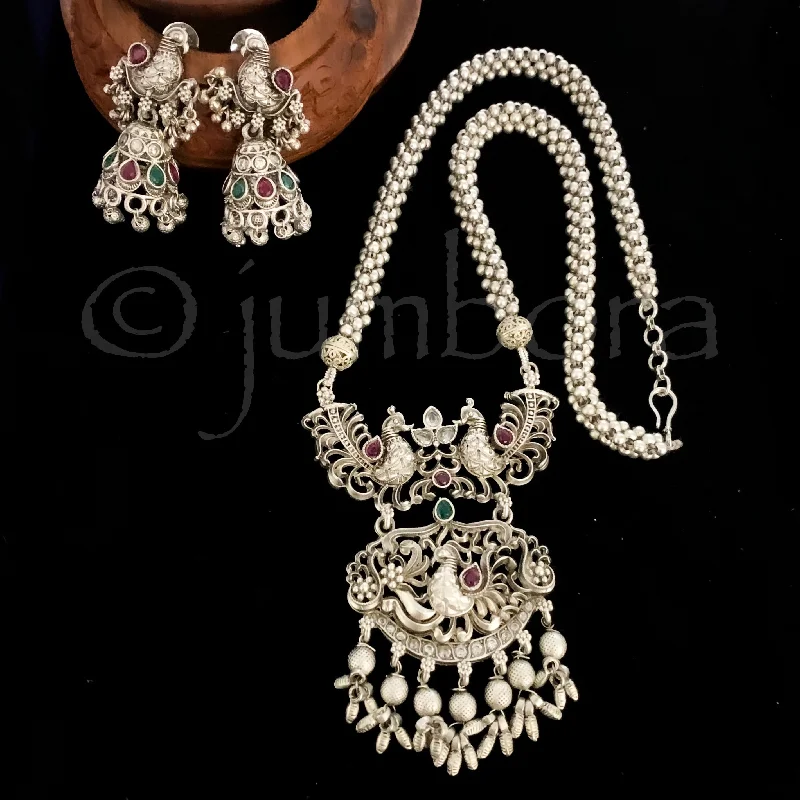 women's charm necklaces-Peacock Tusshi Silver Finish Necklace with Jhumka