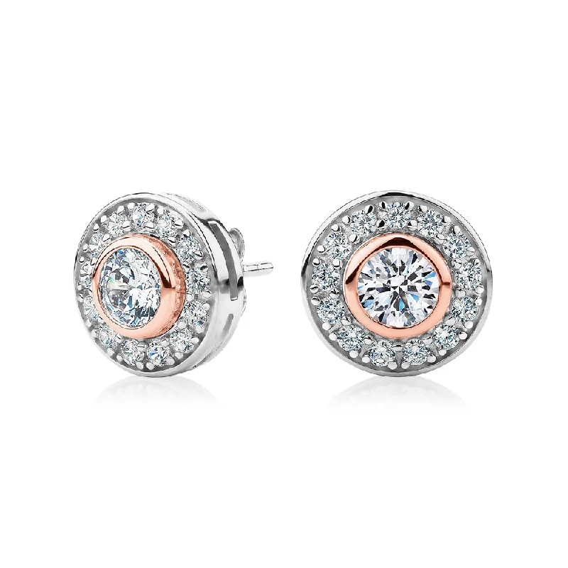 women's fashion-forward earrings-Round Brilliant halo stud earrings with 1.9 carats* of diamond simulants in 10 carat rose gold and sterling silver