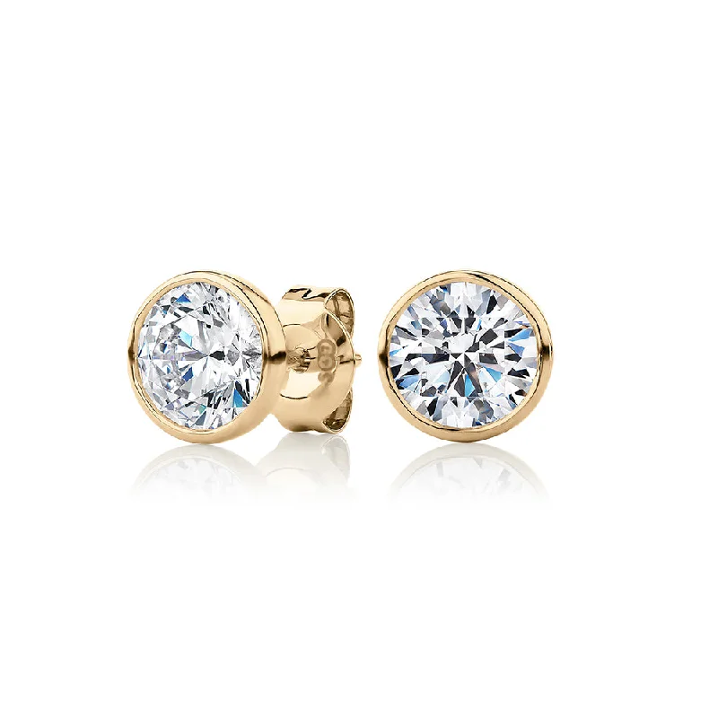 women's gold earrings-Round Brilliant stud earrings with 2 carats* of diamond simulants in 10 carat yellow gold