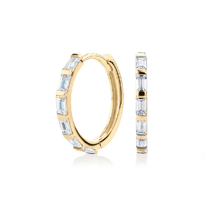 women's gold earrings-Baguette hoop earrings with diamond simulants in 10 carat yellow gold