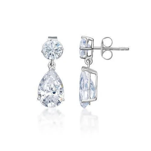 women's modern earrings-Pear and Round Brilliant drop earrings with 4.52 carats* of diamond simulants in 10 carat white gold