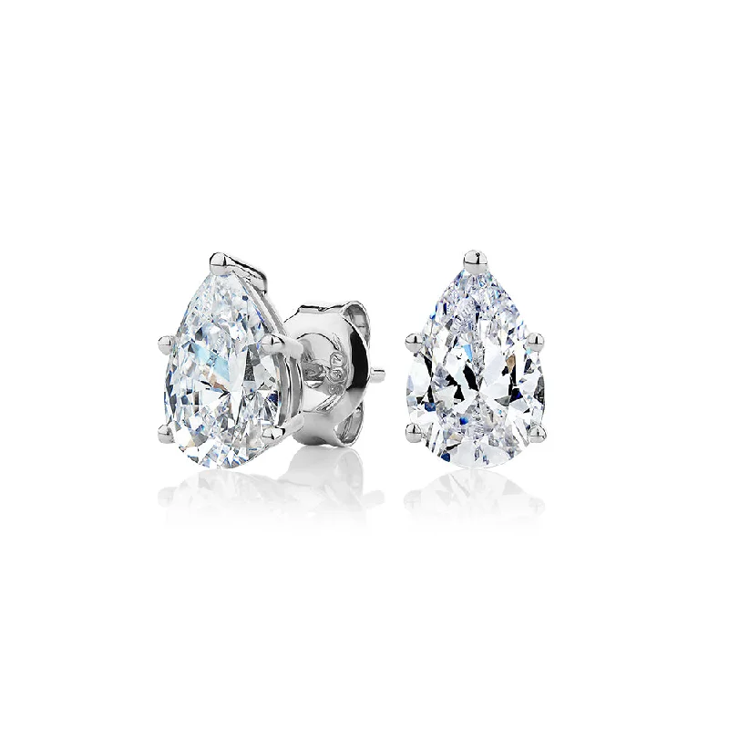 women's romantic drop earrings-Pear stud earrings with 2 carats* of diamond simulants in 10 carat white gold