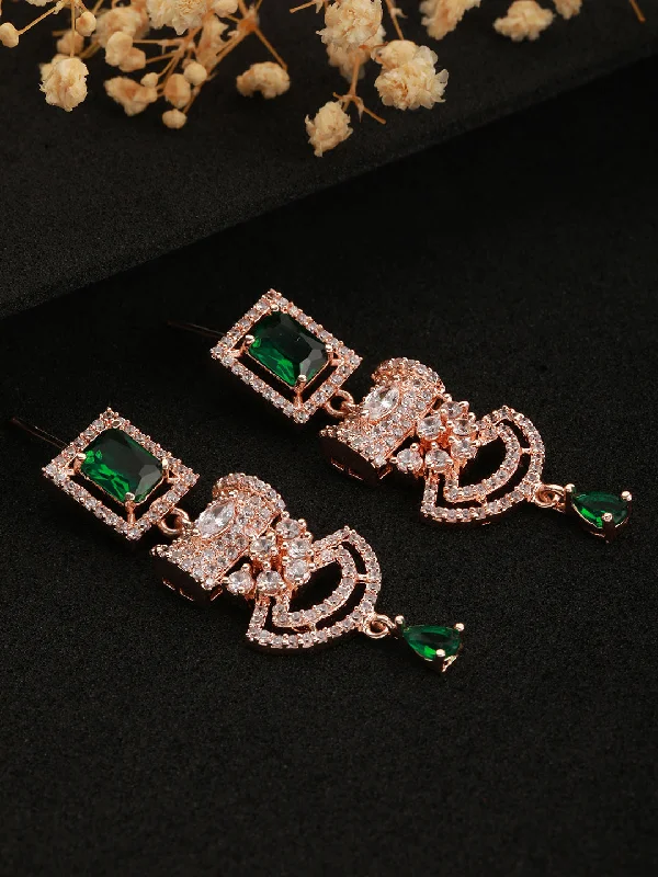 women's gold dangling earrings-Green & Rose Gold Plated Ad Studded Rectangular Drop Earrings