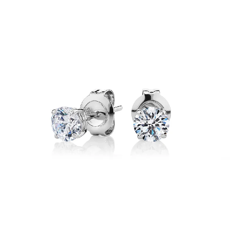 women's minimalistic earrings-Round Brilliant stud earrings with 0.75 carats* of diamond simulants in 10 carat white gold